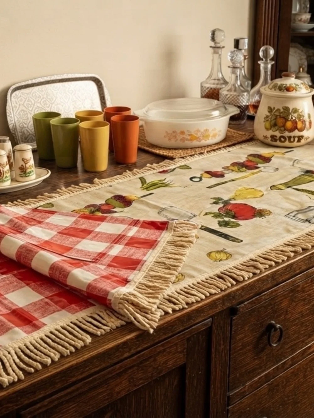 Vintage Reversible Table Runner with Red Gingham and Vegetable Print, Fringed
